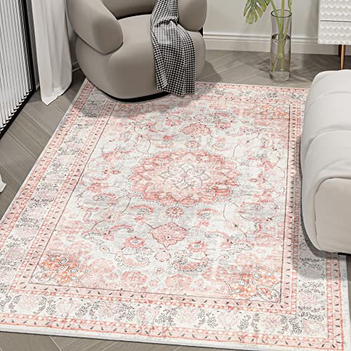 Auruge Area Rug - 5x7 Indoor Vintage Rugs Soft Fuzzy Shaggy Carpet Distressed Pink Accent Rug Non-Slip Non Shedding & Machine Washable Rug for Dining Room Living Room Bedroom Office