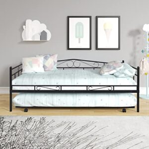 lostcat twin size daybed bed with trundle,metal bedframe with safety guardrails & heavy duty steel slat support,for kids teens adults.no box spring needed (black)