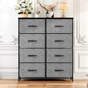 dresser for bedroom, chest of drawers, 8 drawer dresser, closet fabric dresser with 8 fabric bins, steel frame, wood top for bedroom, closet, entryway, living room