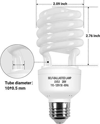 Simple Deluxe 2-Pack Reptile Compact Fluorescent Lamp Light Bulb for Rainforest Tropical Terrarium, Lizard, Turtle, UVB 5.0, 26W, White