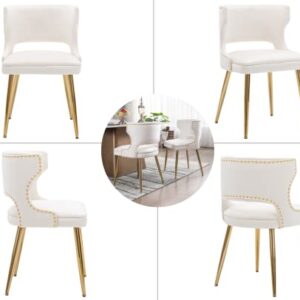 EALSON Velvet Dining Chairs Set of 2 Comfy Upholstered Dining Room Chairs with Gold Metal Legs Modern Accent Kitchen Chairs Armless Side Chairs for Living Room/Dining Room, Beige