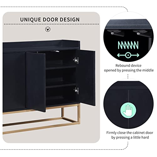 Modern Sideboard Buffet Cabinet, Kitchen Storage Cabinet with 4 Doors, Adjustable Shelves & Metal Legs, Storage Cupboard Console Table for Dining Room Entryway (Black)