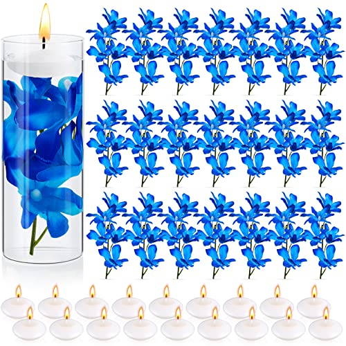 42 Pcs Blue Orchids Artificial Flower Vase Fillers for Floating Candles Wedding Table Centerpiece Blue Orchid and Unscented Floating Candles for Wedding Party Table Home Decoration