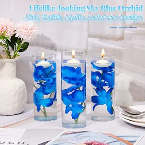 42 Pcs Blue Orchids Artificial Flower Vase Fillers for Floating Candles Wedding Table Centerpiece Blue Orchid and Unscented Floating Candles for Wedding Party Table Home Decoration