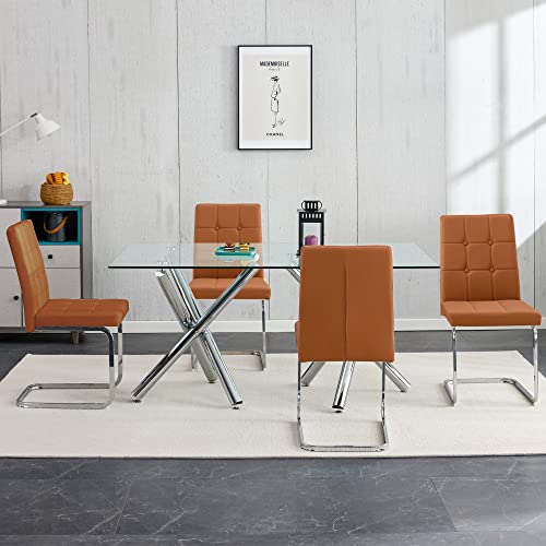 JUFU Modern Dining Chairs Set of 4，Upholstered PU Leather Kitchen Dining Room Chair with Inset Buttons C-Shaped Tube Plating Metal Legs ，for Dining Room Office Living Room Lounge Dresser Patio Club