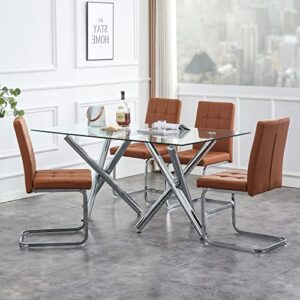 JUFU Modern Dining Chairs Set of 4，Upholstered PU Leather Kitchen Dining Room Chair with Inset Buttons C-Shaped Tube Plating Metal Legs ，for Dining Room Office Living Room Lounge Dresser Patio Club