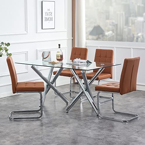 JUFU Modern Dining Chairs Set of 4，Upholstered PU Leather Kitchen Dining Room Chair with Inset Buttons C-Shaped Tube Plating Metal Legs ，for Dining Room Office Living Room Lounge Dresser Patio Club