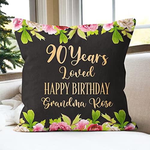Personalized Square Pillow for Grandmother Grandma from Grandkids Birthday Funny Gifts 90 Years Loved Happy Birthday Flower Custom Name Year Double Sided Sofa Couch Cushion for Birthday
