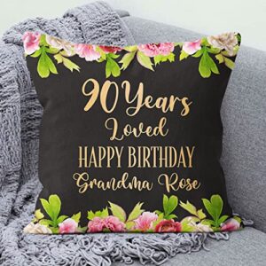 Personalized Square Pillow for Grandmother Grandma from Grandkids Birthday Funny Gifts 90 Years Loved Happy Birthday Flower Custom Name Year Double Sided Sofa Couch Cushion for Birthday