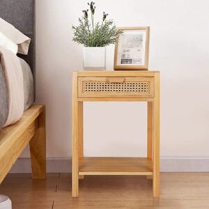 polar aurora nightstand, end table with woven pattern drawer and open storage shelf, bedside furniture, side table for bedroom, easy assembly, natural walnut