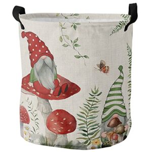 mushroom eucalyptus large laundry basket, collapsible bag with easy carry handles, boho plant leaves buffter-fly waterproof foldable freestanding hamper, folding washing bin clothes storage round