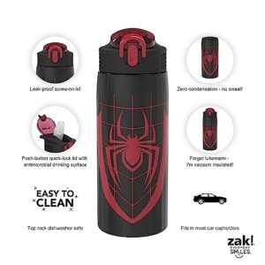 Zak Designs Marvel Spider-Man Water Bottle for Travel and At Home, 19 oz Vacuum Insulated Stainless Steel with Locking Spout Cover, Built-In Carrying Loop, Leak-Proof Design (Miles Morales)