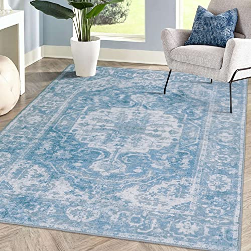 Fashionwu Washable Rug 8x10 Persian Area Rug Medallion Non-Slip Floor Mat Soft and Velvet Large Floor Cover for Bedroom Living Room 8x10 Rug Aesthetic Carpet Non-Shedding Anti-Slip Large Mat, Teal