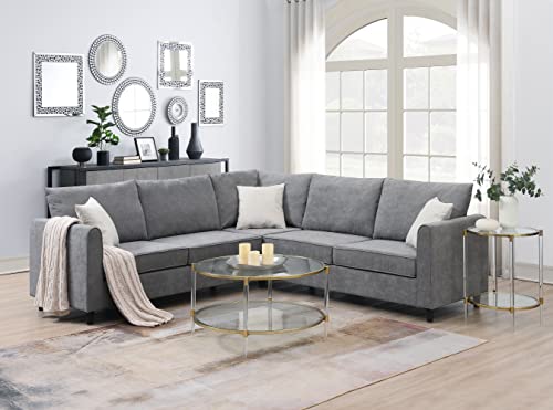 WILLIAMSPACE 88"×88" Sectional Sofa for Living Room, 5 Seat L Shape Sofa Couch with 3 Pillows, Upholstered Modular Fabric Sofa - Grey