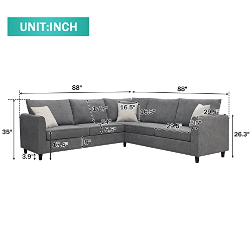 WILLIAMSPACE 88"×88" Sectional Sofa for Living Room, 5 Seat L Shape Sofa Couch with 3 Pillows, Upholstered Modular Fabric Sofa - Grey