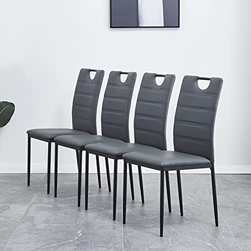 Majnesvon A Set of 4 Leather Dining Chairs with Cushion and High Back, Painted Metal Legs, Suitable for Dining Room,Kitchen,Restaurant (Light Grey)