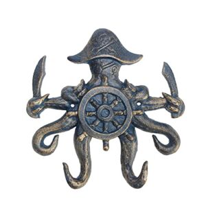 rcstoone pirate octopus hooks, boy's room decor cast iron vintage octopi coat hooks, antique hanger hat hooks versatile towel hooks med style nautical bathrooms home decor, blue, r3