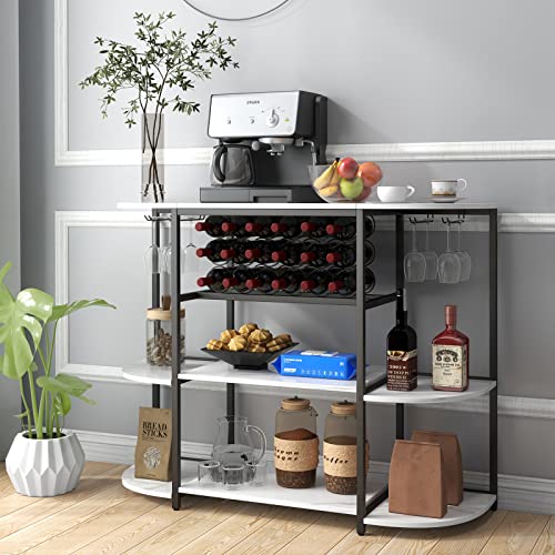 Giantex Wine Bar Cabinet, Wine Racks for 18 Bottles, Glass Holder, 47” Floor Stationary Island, Baker Rack, Storage Shelf for Kitchen, Dining Room, Living Room (White)