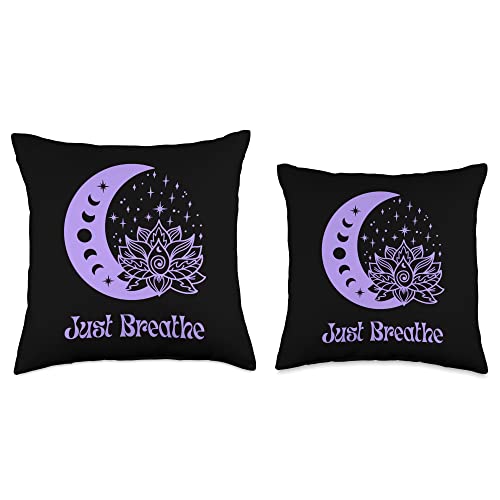 Meditate Yoga New Age Lotus Flower Purple Moon Yoga Moon Phase Lotus Flower Reiki Meditation Just Breathe Throw Pillow, 18x18, Multicolor