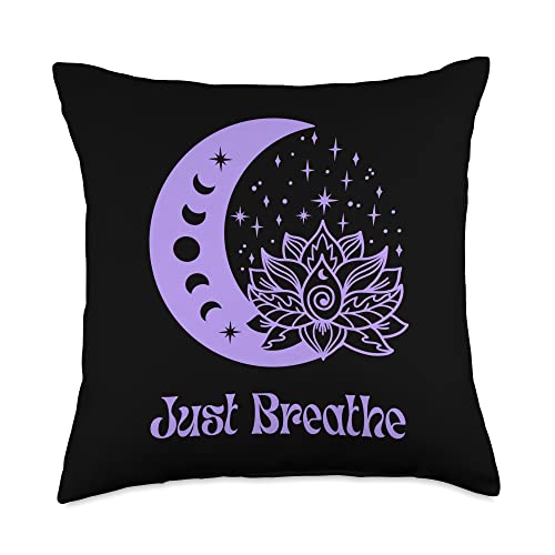 Meditate Yoga New Age Lotus Flower Purple Moon Yoga Moon Phase Lotus Flower Reiki Meditation Just Breathe Throw Pillow, 18x18, Multicolor