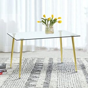 glass dining table，51" modern rectangular table with spacious tempered glass tabletop & gold plated table legs，simplistic kitchen table, versatile table for home office