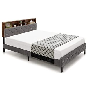 KOMFOTT Upholstered Queen Bed Frame with Storage Headboard, Platform Bed Frame with Open Shelves & Hidden Storage Space, Mattress Foundation with Plywood Slat Support, No Box Spring Needed