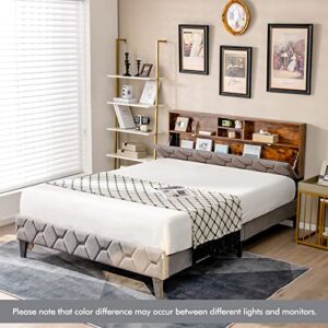 KOMFOTT Upholstered Queen Bed Frame with Storage Headboard, Platform Bed Frame with Open Shelves & Hidden Storage Space, Mattress Foundation with Plywood Slat Support, No Box Spring Needed