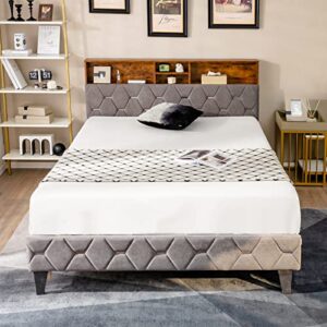 KOMFOTT Upholstered Queen Bed Frame with Storage Headboard, Platform Bed Frame with Open Shelves & Hidden Storage Space, Mattress Foundation with Plywood Slat Support, No Box Spring Needed