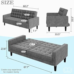 JAMFLY Velvet Futon Sofa Bed, Modern Loveseat Couch, Upholstered Sleeper Sofa, Convertible Couch for Living Room, Bedroom, Small Space(Dark Gray)