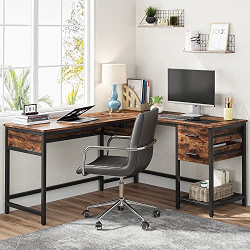 LITTLE TREE L Shaped Desk with Lift Top, Sit to Stand Corner Computer Desk with 2 Drawers, Height Adjustable Standing Desk with Storage Shelf for Home Office, Rustic Brown