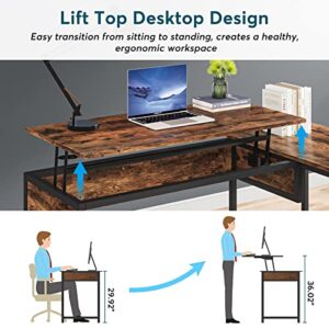 LITTLE TREE L Shaped Desk with Lift Top, Sit to Stand Corner Computer Desk with 2 Drawers, Height Adjustable Standing Desk with Storage Shelf for Home Office, Rustic Brown
