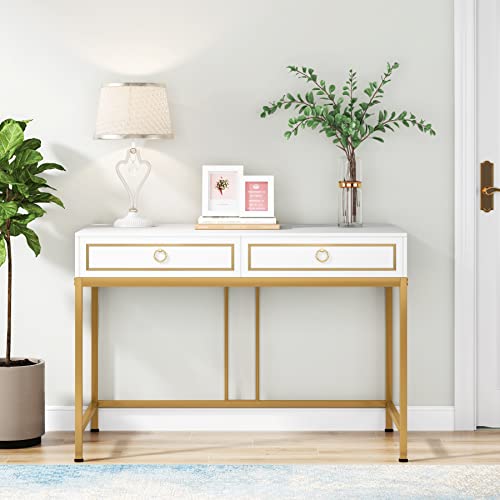 LITTLE TREE Drawers Computer Desk, 43.31” W x 21.65” D x 31.5”H, White and Gold