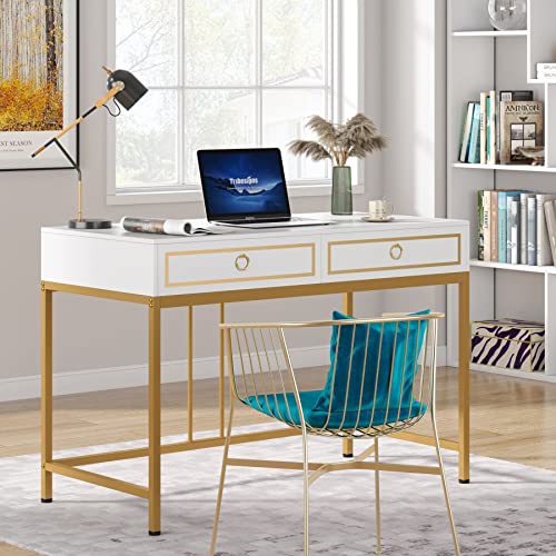 LITTLE TREE Drawers Computer Desk, 43.31” W x 21.65” D x 31.5”H, White and Gold