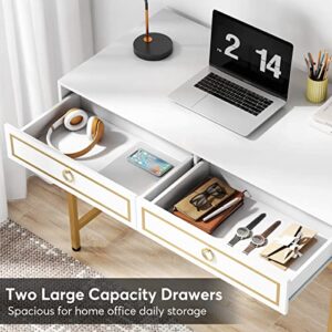 LITTLE TREE Drawers Computer Desk, 43.31” W x 21.65” D x 31.5”H, White and Gold