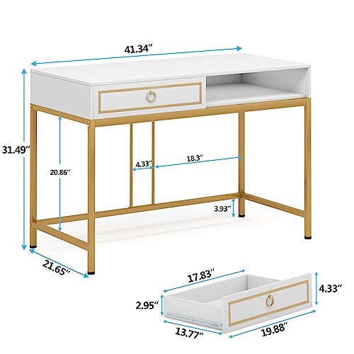 LITTLE TREE Drawers Computer Desk, 43.31” W x 21.65” D x 31.5”H, White and Gold