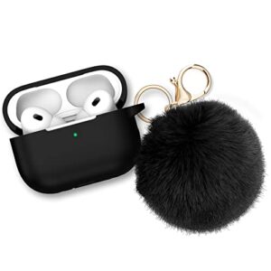 r-fun airpods pro 2nd/1st generation case cover with pompom keychain, full protective silicone skin accessories for women girls with apple airpods pro 2022/2019 charging case(black)