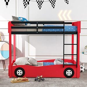 oyn twin over twin car-shaped bunk bed frame with wheels for children teens boys and girls, red