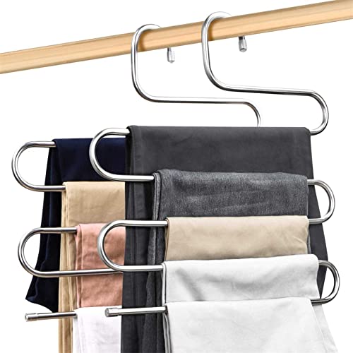 5 Pack S-Shape Stainless Steel Trousers Pants Hangers 5 Layers Closet Hanger Space Save Storage Organizer for Scarf Tie Clothes Towel Hanging