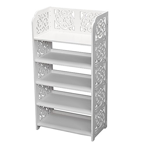 LeeMas White Wood Plastic Shoe Cabinet Carved Shoe Rack White Chic Hollow Shoe Tower Baroque Free Standing Shoes Storage Organizer Closet Shelves Holder Container (16.54 x 9.45 x 31.5), 5 Tiers