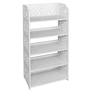 LeeMas White Wood Plastic Shoe Cabinet Carved Shoe Rack White Chic Hollow Shoe Tower Baroque Free Standing Shoes Storage Organizer Closet Shelves Holder Container (16.54 x 9.45 x 31.5), 5 Tiers