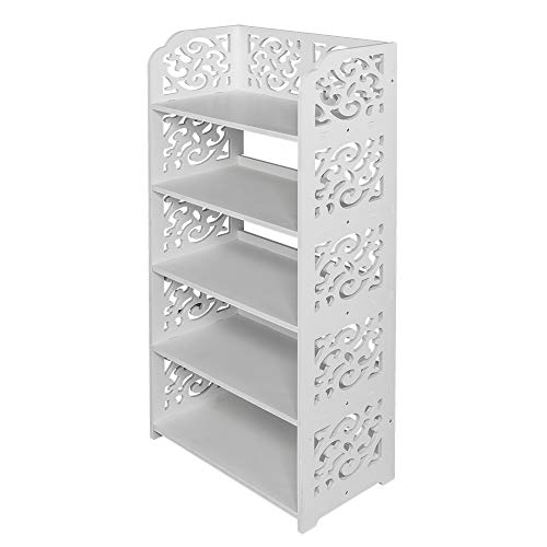 LeeMas White Wood Plastic Shoe Cabinet Carved Shoe Rack White Chic Hollow Shoe Tower Baroque Free Standing Shoes Storage Organizer Closet Shelves Holder Container (16.54 x 9.45 x 31.5), 5 Tiers