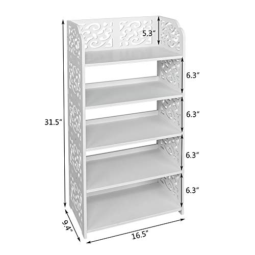 LeeMas White Wood Plastic Shoe Cabinet Carved Shoe Rack White Chic Hollow Shoe Tower Baroque Free Standing Shoes Storage Organizer Closet Shelves Holder Container (16.54 x 9.45 x 31.5), 5 Tiers