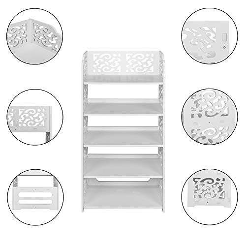 LeeMas White Wood Plastic Shoe Cabinet Carved Shoe Rack White Chic Hollow Shoe Tower Baroque Free Standing Shoes Storage Organizer Closet Shelves Holder Container (16.54 x 9.45 x 31.5), 5 Tiers