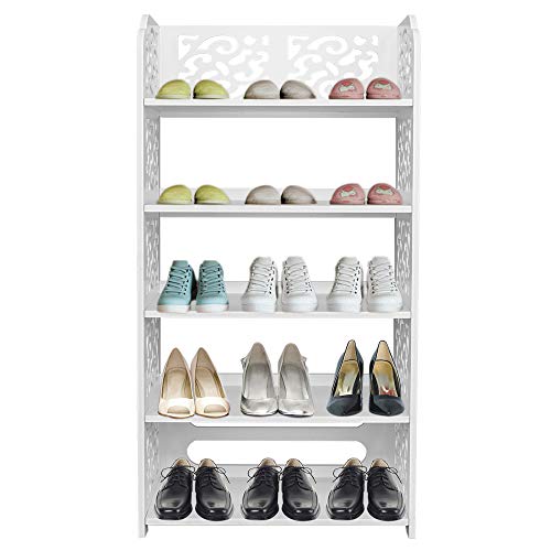 LeeMas White Wood Plastic Shoe Cabinet Carved Shoe Rack White Chic Hollow Shoe Tower Baroque Free Standing Shoes Storage Organizer Closet Shelves Holder Container (16.54 x 9.45 x 31.5), 5 Tiers