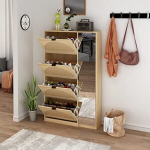 lktart natural rattan shoe storage cabinet 4-tier wood shoe rack storage organizer door with mirrofor entryway
