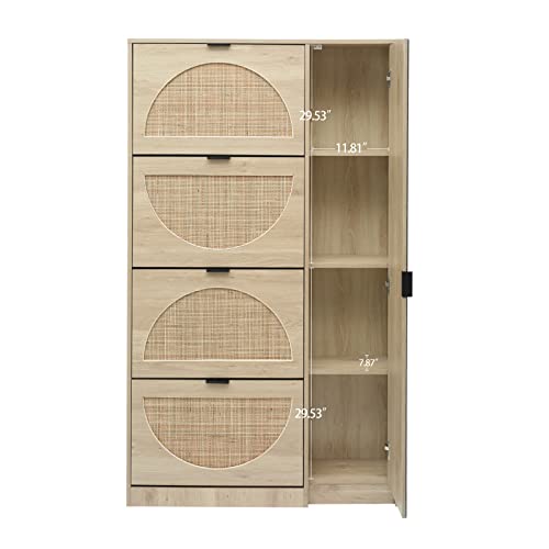 LKTART Natural Rattan Shoe Storage Cabinet 4-Tier Wood Shoe Rack Storage Organizer Door with Mirrofor Entryway