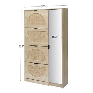 LKTART Natural Rattan Shoe Storage Cabinet 4-Tier Wood Shoe Rack Storage Organizer Door with Mirrofor Entryway