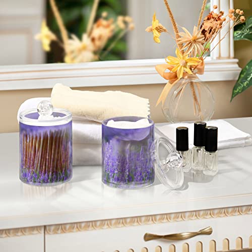 Kigai 2 Pack Purple Lavenders Qtip Holder Dispenser for Cotton Ball, Cotton Swab, Cotton Round Pads, Floss -Clear Plastic Apothecary Jar Set for Bathroom Canister Storage Organization