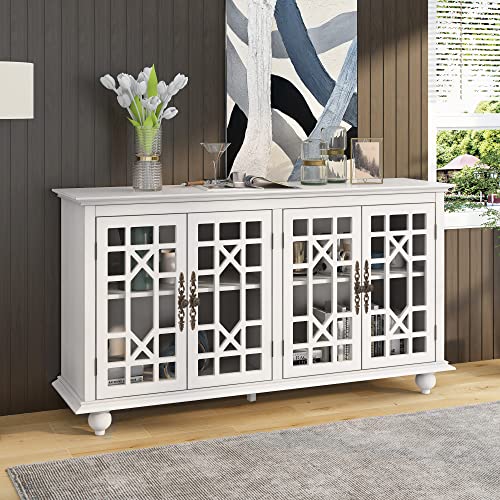 LUMISOL Farmhouse Sideboard Buffet Cabinet with Storage 4 Doors, Kitchen Sideboard Console Table Rustic Style for Living Room Adjustable Shelves Metal Handles, White