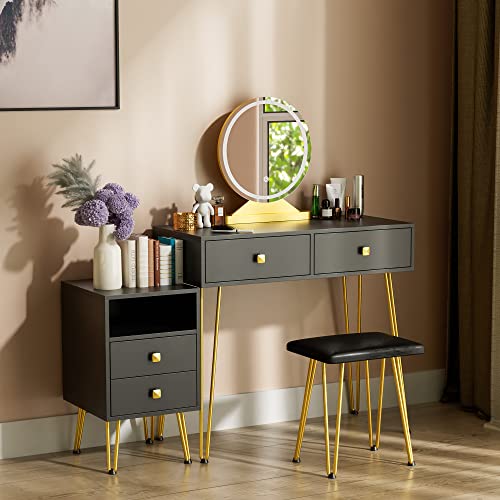 Cozy Castle Black Vanity Desk with Lighted Mirror, Makeup Vanity Table Set with Drawers and Adjustable Cabinet, Dressing Table with Vanity Cushioned Chair for Makeup Room, Bedroom